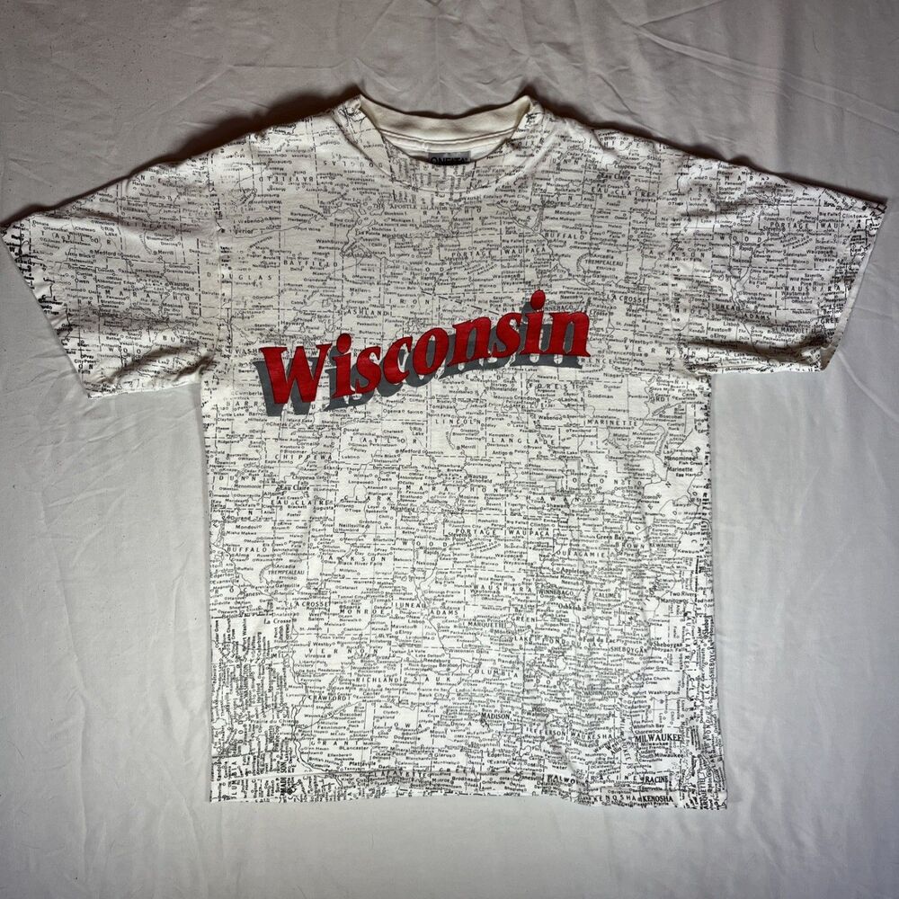 Vintage 90s Single Stitch Wisconsin AOP Map Graphic T Shirt Men's M Oneita